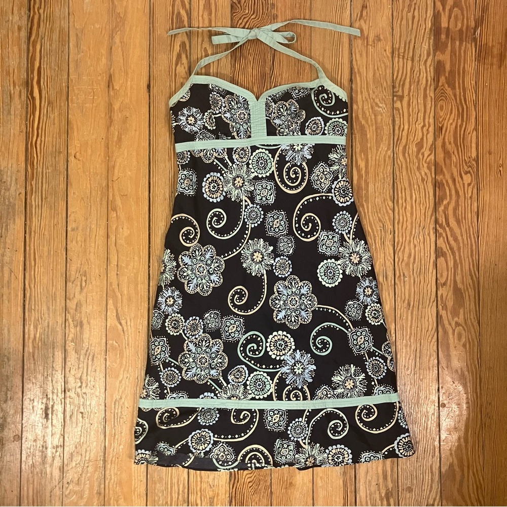 Ann Taylor Teal Navy Floral Cotton Halter Dress Women’s Size 2P